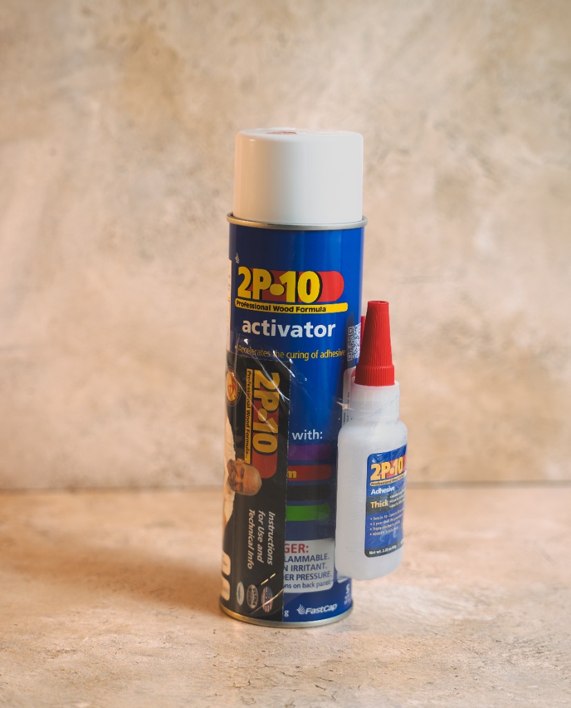 FastCap 2P-10 adhesive 2.25 oz bottle with 12 oz aerosol activator spray can kit