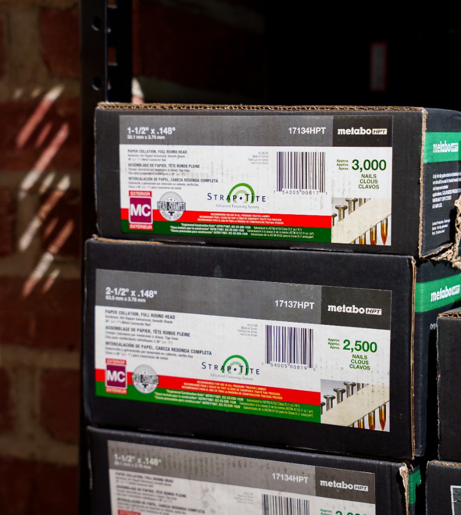 Metabo HPT Strap-Tite Metal Connector Nails boxes on shelf
